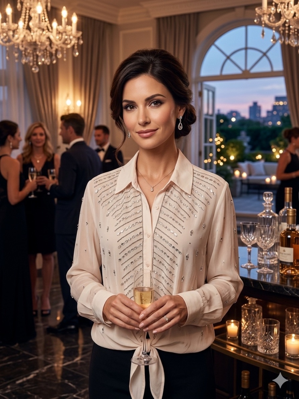 Embellished beaded crystal Cream Tie-Front Button-Down Blouse